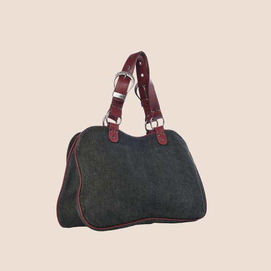 CHRISTIAN DIOR 2006 WASHED DENIM RED LEATHER DOUBLE SADDLE BAG
