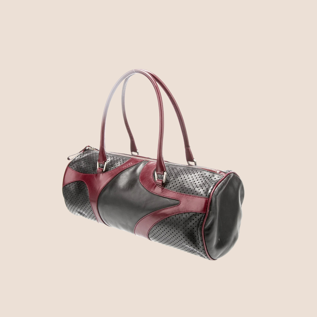 PRADA SPRING 2000 BLACK & RED VITELLO DRIVE BARREL BAG