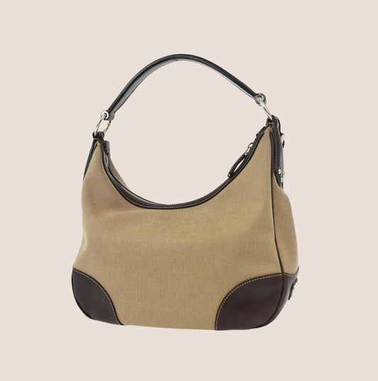 PRADA BROWN JACQUARD LOGO HOBO BAG