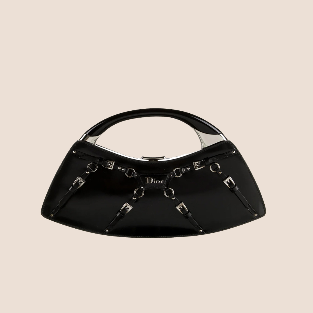 CHRISTIAN DIOR 2003 FALL BLACK LEATHER MINI BONDAGE CLUTCH
