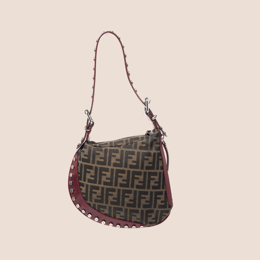 FENDI TOBACCO ZUCCA CANVAS STUDDED OYSTER HOBO BAG