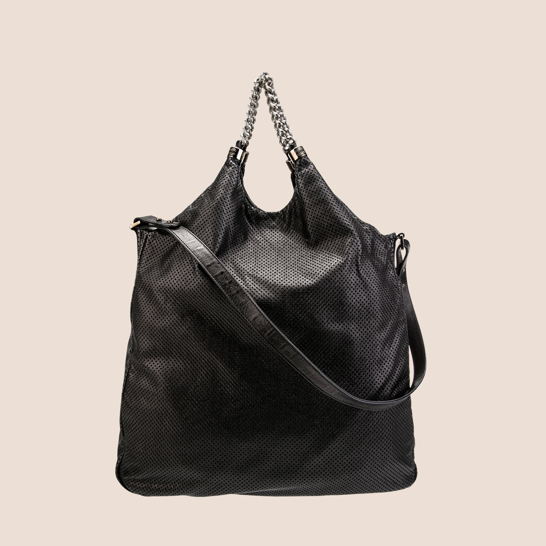 CHANEL METALLIC BLACK PERFORATED RODEO HOBO BAG