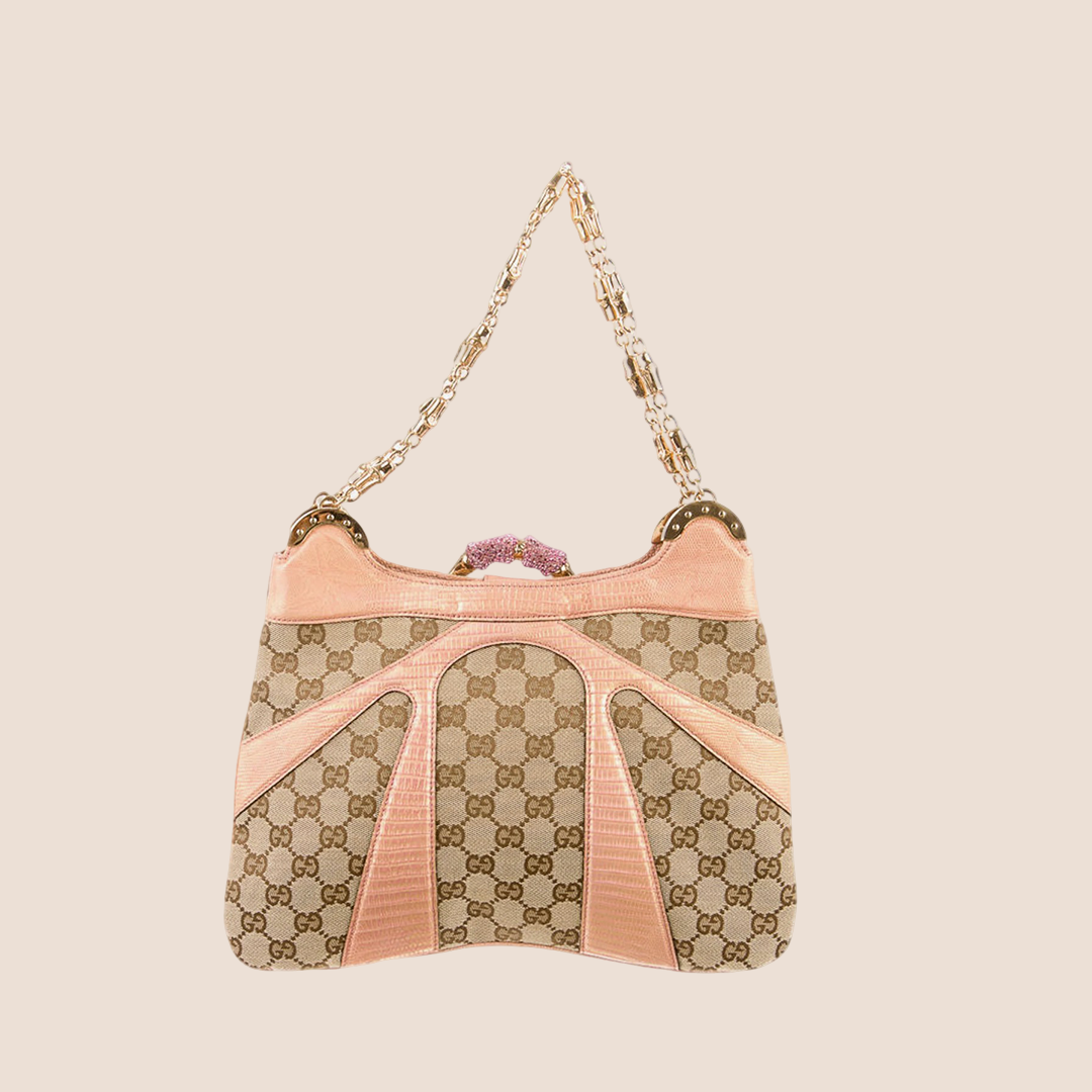 GUCCI GG CANVAS PINK & BROWN CRYSTAL BAMBOO CHAIN SHOULDER BAG