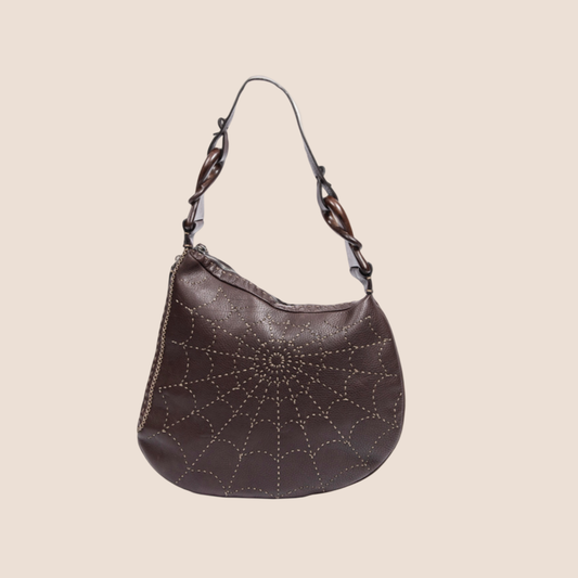 FENDI BROWN LEATHER SPIDER WEB OYSTER BAG