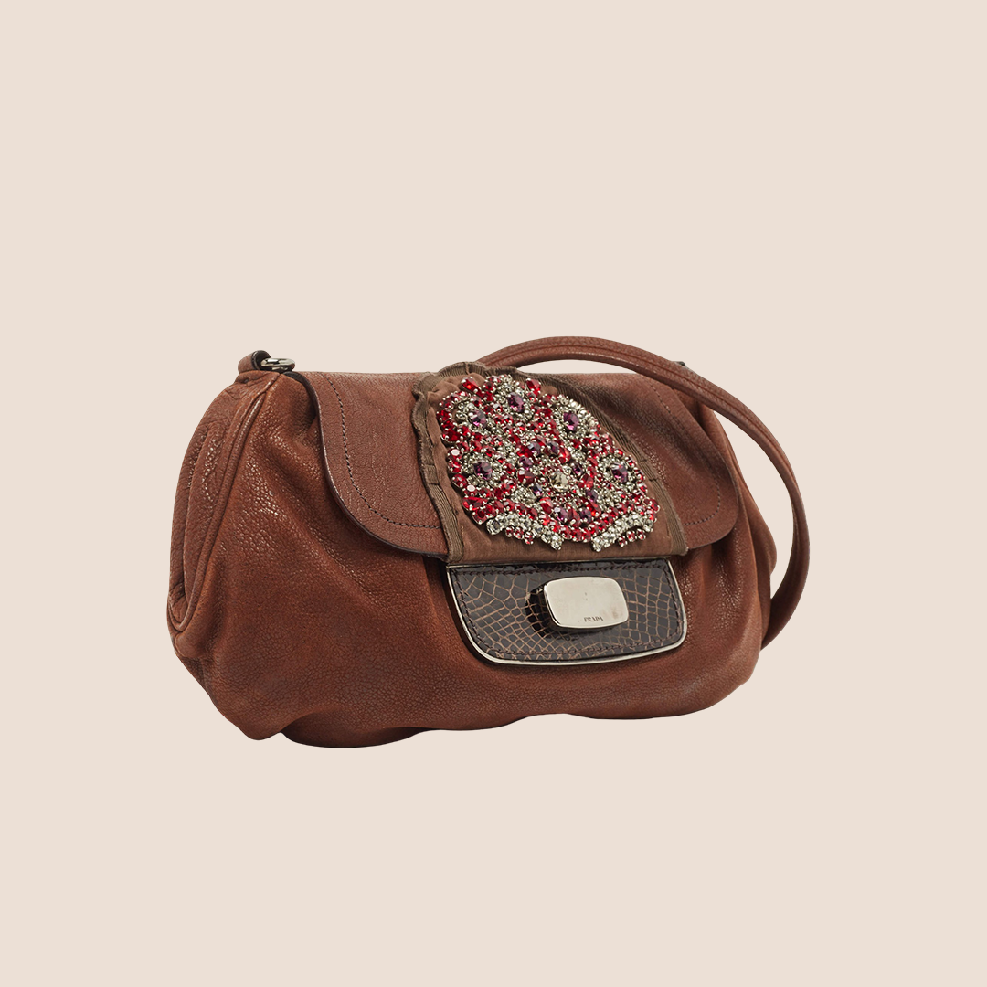 PRADA AW2005 BROWN LEATHER RHINESTONE FLAP BAG
