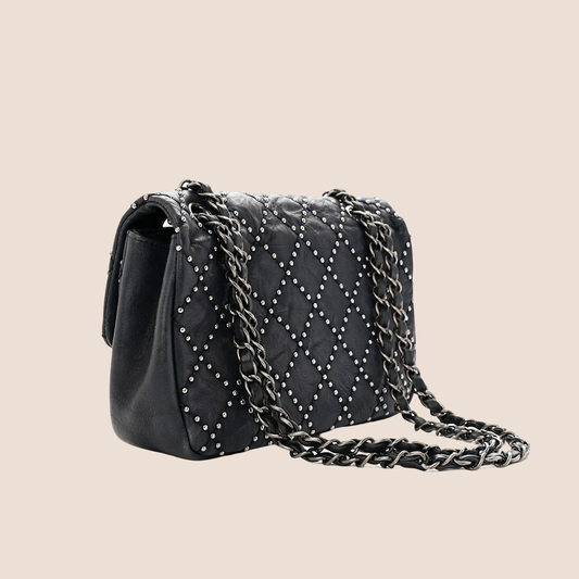 CHANEL 2014 BLACK STUDDED CHAIN FLAP BAG