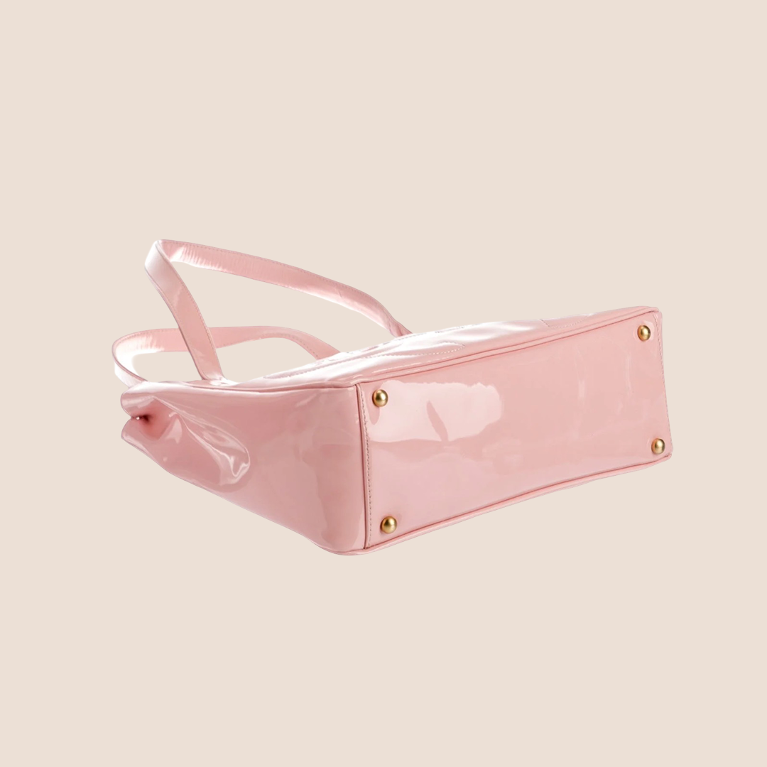 CHANEL 2005 PINK PATENT LEATHER PVC TRIPLE CC LOGO TOTE BAG