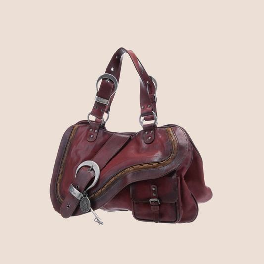 CHRISTIAN DIOR BURGUNDY LEATHER GAUCHO SADDLE HANDBAG