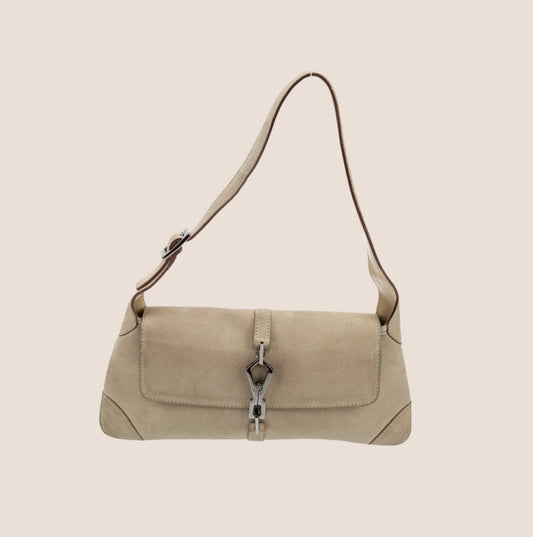 GUCCI BEIGE SUEDE JACKIE O BAGUETTE BAG
