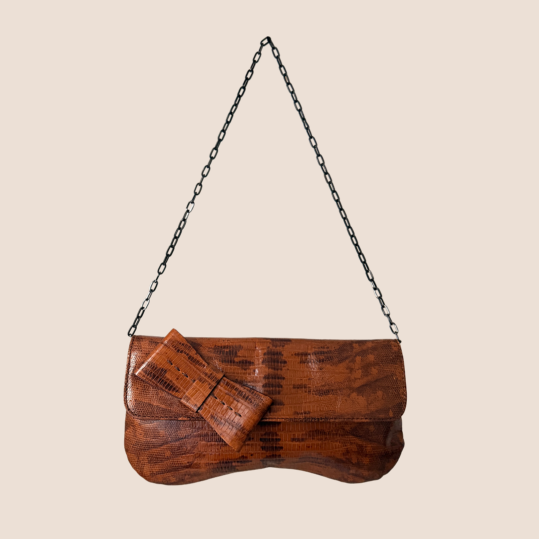 MIU MIU 2000 BROWN LIZARD BOW CHAIN SHOULDER BAG
