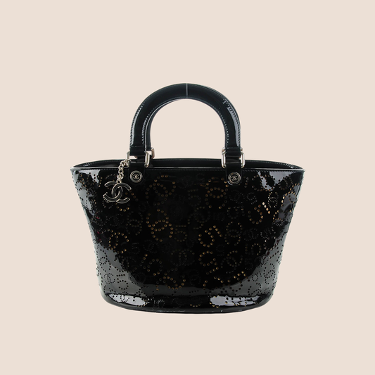 CHANEL BLACK PATENT PERFORATE CC SHOPPING TOTE