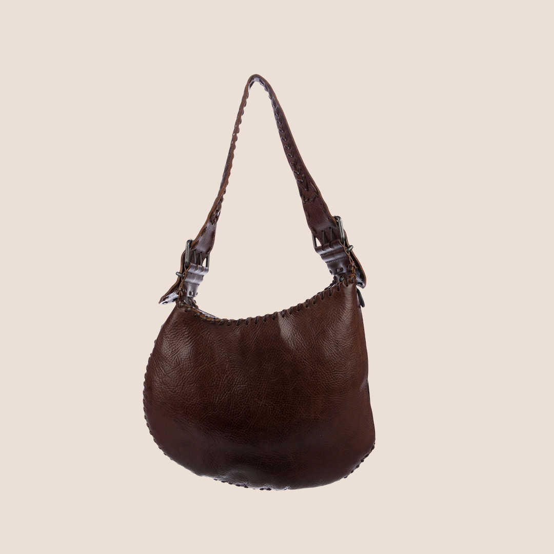 FENDI 2003 BROWN LEATHER WHIPSTITCH OYSTER HOBO BAG