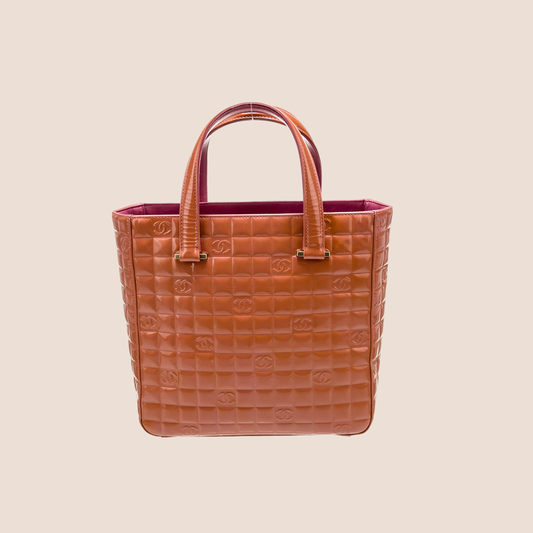 CHANEL PATENT ORANGE CHOCOLATE TOTE BAG