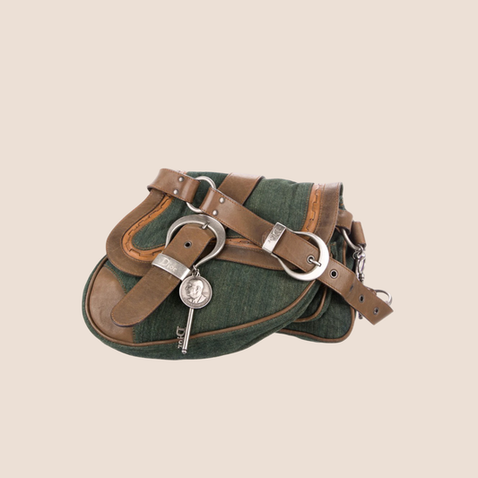 CHRISTIAN DIOR 2008 WASHED DENIM KHAKI LEATHER DOUBLE MINI GAUCHO SADDLE BAG