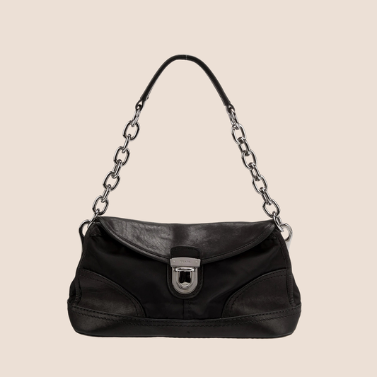 PRADA 2010 BLACK NAPPA-TRIMMED TESSUTO EASY BAG