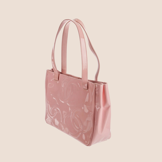 CHANEL 2005 PINK PATENT LEATHER PVC TRIPLE CC LOGO TOTE BAG