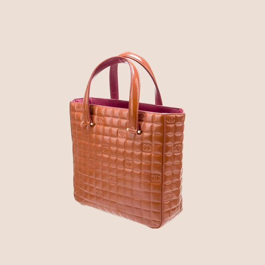 CHANEL PATENT ORANGE CHOCOLATE TOTE BAG