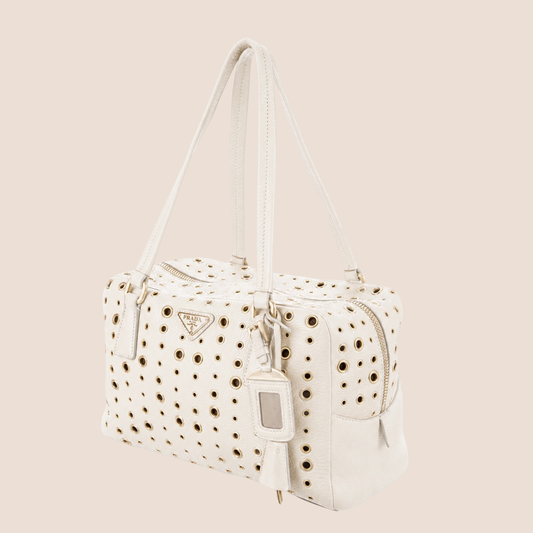 PRADA 2000 WHITE LEATHER RIVET STUDDED BAULETTO BAG