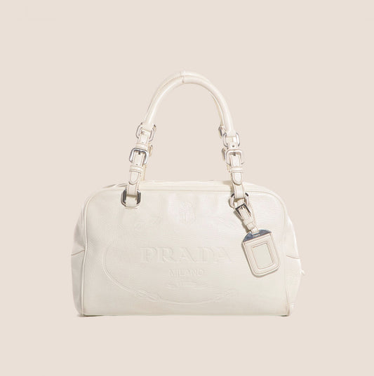 PRADA 2000 WHITE LEATHER LOGO BOWLER BAG