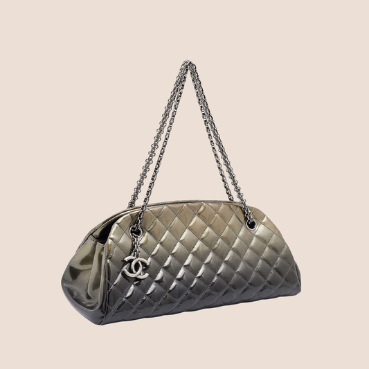 CHANEL GREY & GREEN OMBRE QUILTED PATENT LEATHER BOWLER BAG