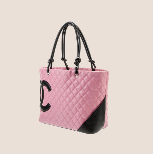 CHANEL 2005  PINK & BLACK QUILTED LEATHER CC CAMBON TOTE BAG