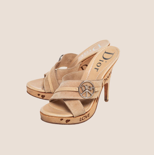 CHRISTIAN DIOR BROWN SUEDE PEACE LOGO PLATFORM HEELS