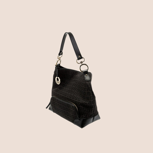 FENDI 2005 BLACK LEATHER TRIM ZUCCHINO HOBO BAG