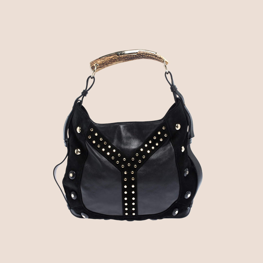 YVES SAINT LAURENT BLACK SUEDE STUDDED MOMBASA HOBO BAG