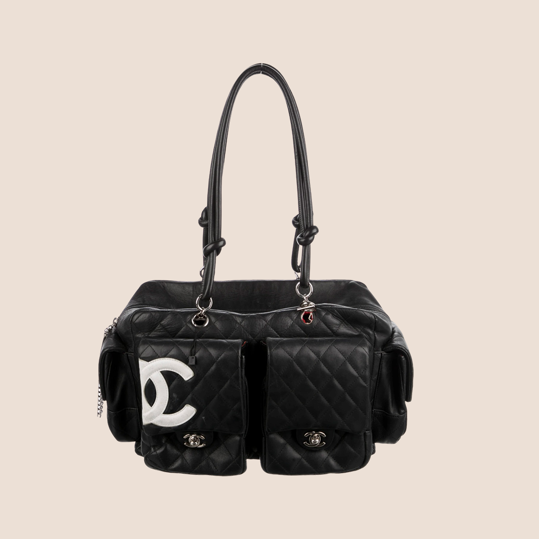 CHANEL 2005 CAMBON BLACK & WHITE QUILTED LEATHER REPORTER BAG