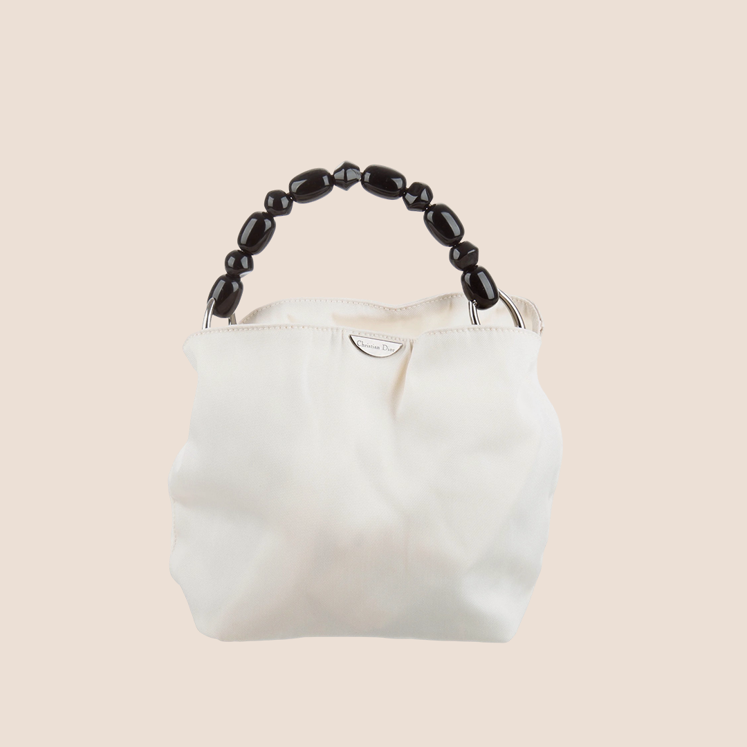 CHRISTIAN DIOR WHITE NYLON BEADED HANDLE MALICE TOTE BAG