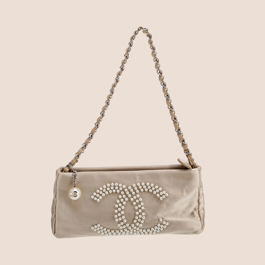 CHANEL 2004 GREY SATIN PEARL CC LOGO CHAIN SHOULDER BAG