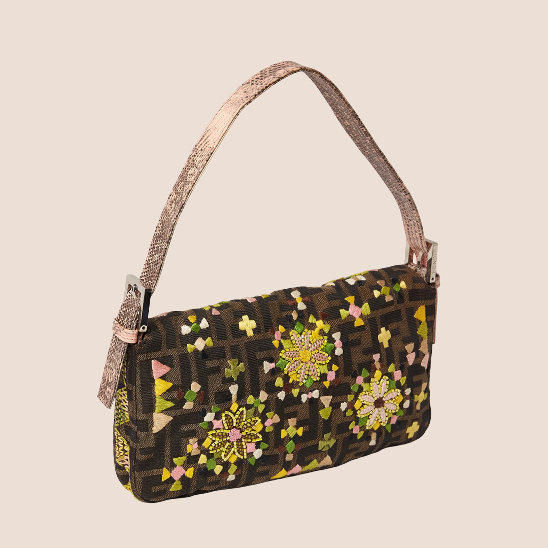 FENDI 2002 BROWN ZUCCA FLORAL EMBROIDERED BAGUETTE BAG