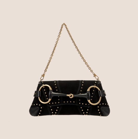 GUCCI SUEDE STUDDED HORSEBIT CLUTCH