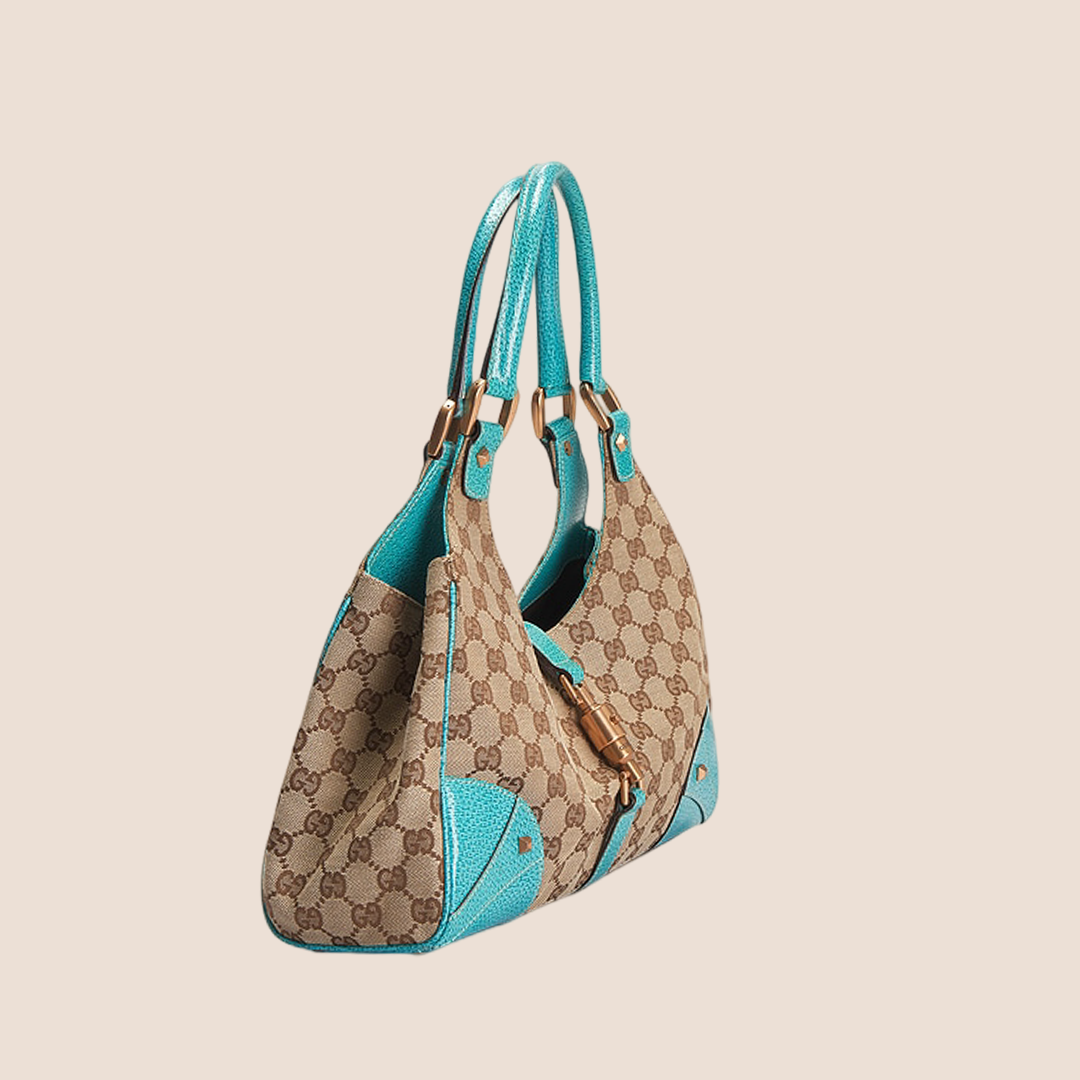 GUCCI BROWN GG CANVAS & TURQUOISE LEATHER BARDOT BAG