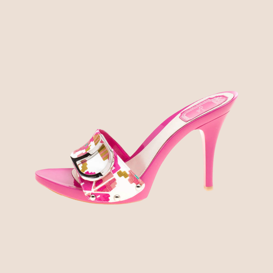 CHRISTIAN DIOR 2000 PINK MULTICOLOR PRINTED MULES