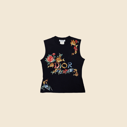 CHRISTIAN DIOR 2002 ORIENTAL KOI FISH FLORAL EMBROIDERED TANK TOO