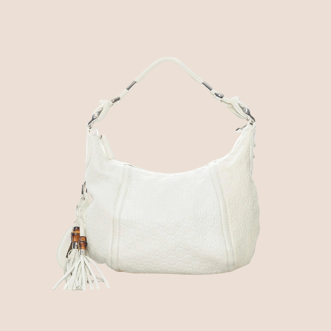 GUCCI GG MONOGRAM WHITE LEATHER TASSEL HOBO BAG