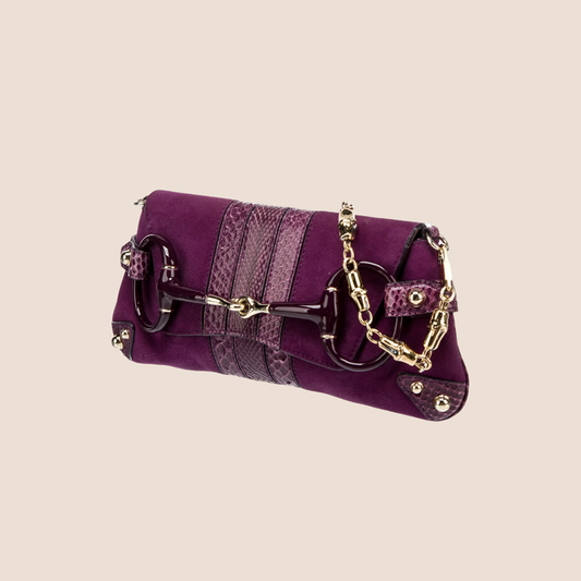 GUCCI PURPLE SUEDE PYTHON TRIM HORSEBIT CHAIN CLUTCH BAG