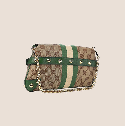 GUCCI BROWN & GREEN GG MONOGRAM HORSEBIT CHAIN CLUTCH BAG
