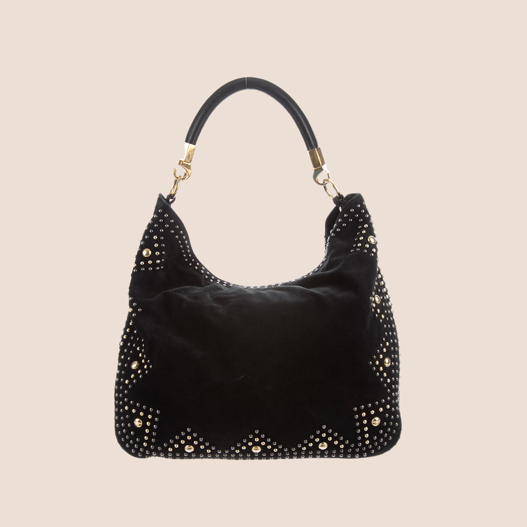YVES SAINT LAURENT BLACK SUEDE STUDDED ROADY HOBO BAG