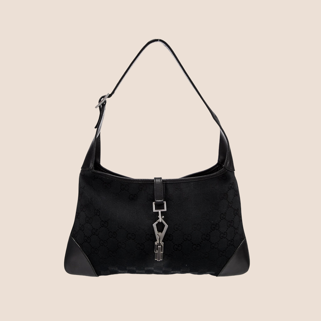 GUCCI BLACK GG MONOGRAM CANVAS & LEATHER JACKIE BAG