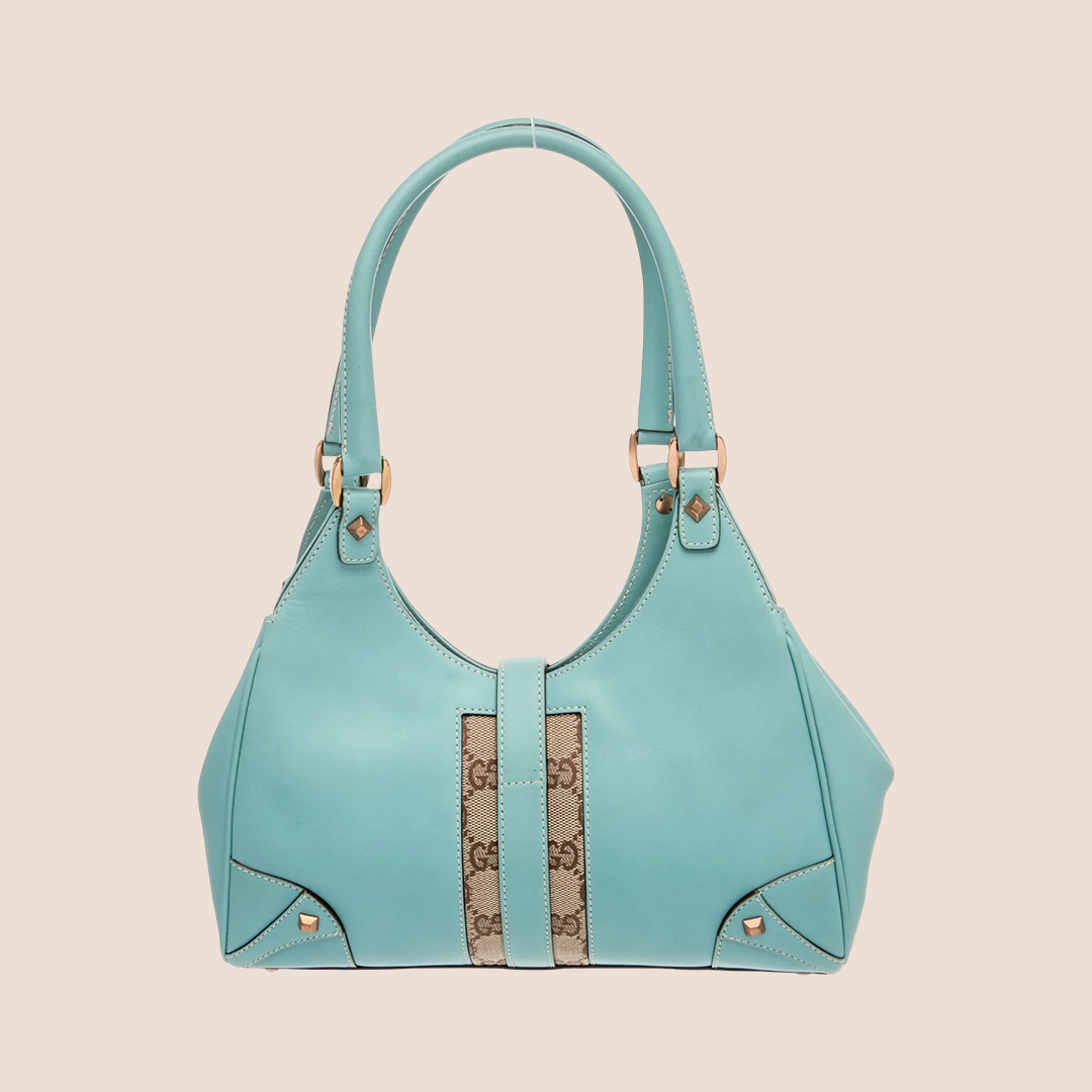 GUCCI TURQUOISE LEATHER & CANVAS BARDOT BAG