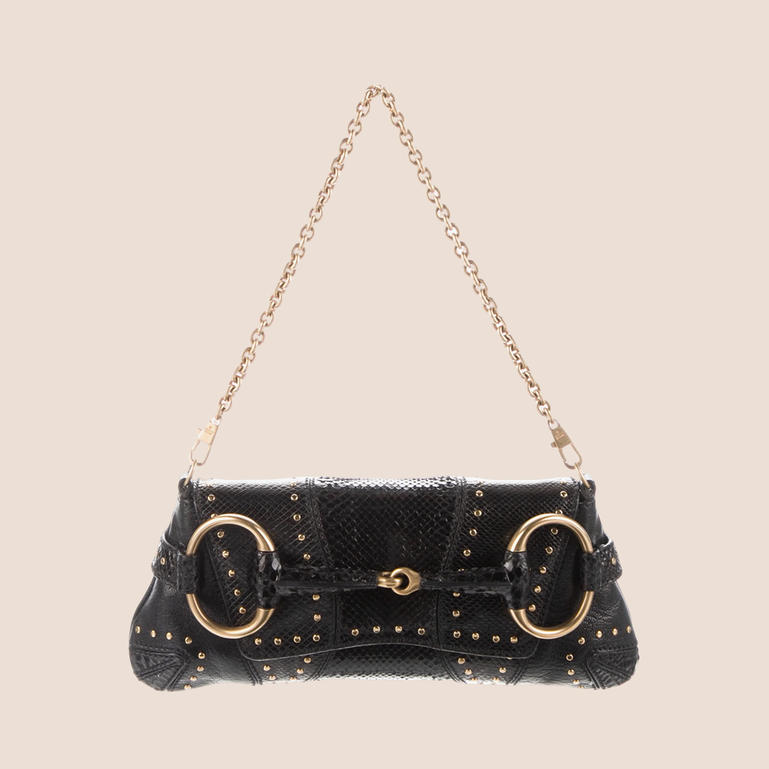 GUCCI BLACK PYTHON STUDDED HORSEBIT CHAIN CLUTCH