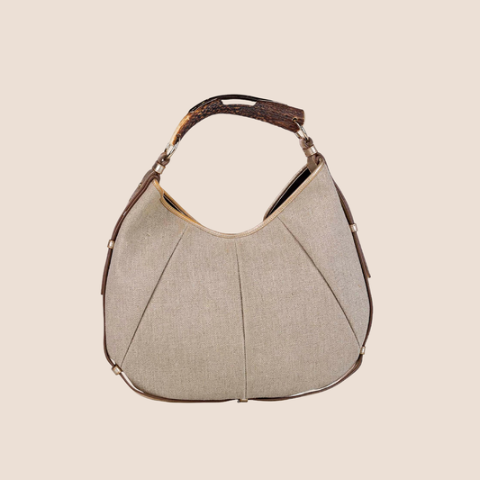 YVES SAINT LAURENT BEIGE CANVAS YSL MOMBASA HOBO BAG