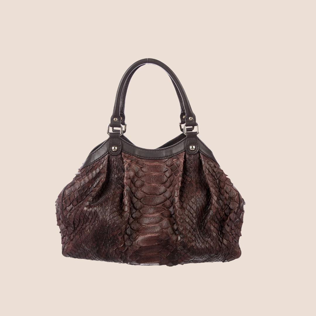 GUCCI BROWN ALLIGATOR SUKEY TOTE BAG