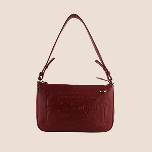 BVLGARI SLOGAN-DEBOSSED RED LEATHER SHOULDER BAG