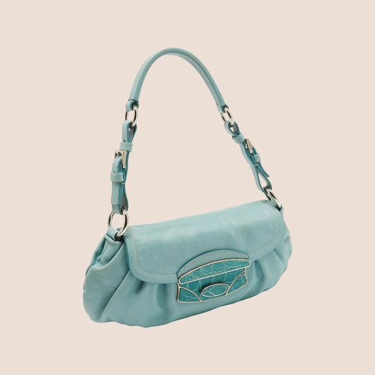PRADA 2000 BLUE PLEATED LEATHER CROCO PUSHLOCK BAGUETTE BAG