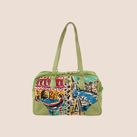 PRADA GREEN CANAPA STAMPATA VENICE SHOULDER BAG