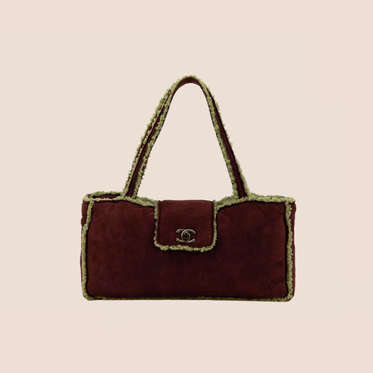 CHANEL BROWN & GREEN SUEDE SHEARLING TRIM FLAP BAG