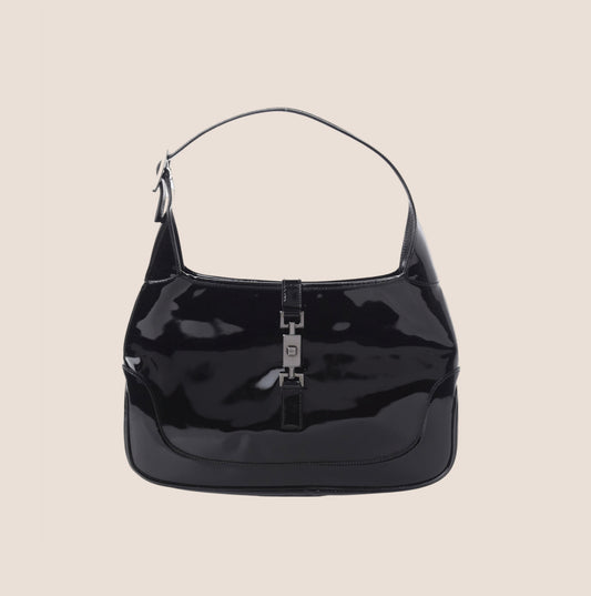 GUCCI BLACK PATENT LEATHER SMALL JACKIE O HOBO BAG